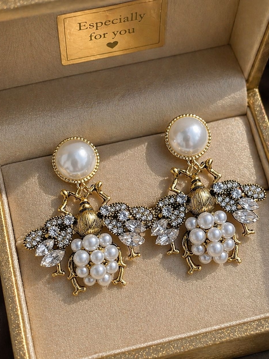 Gold And Pearl Bee Drop Earrings